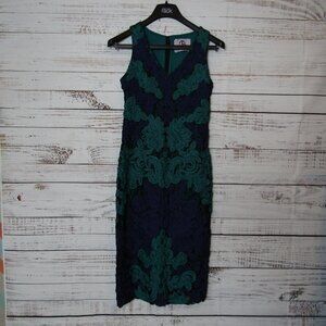 JS Collections Dress Womens Medium Navy Teal Lace Overlay Sheath Midi A56610